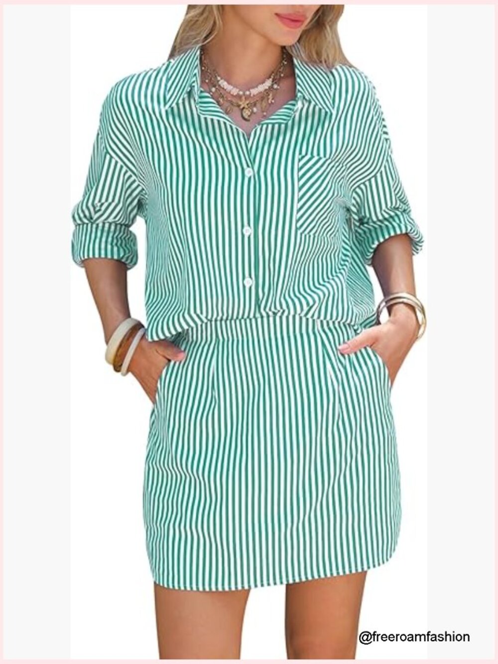 100% Cotton Striped Long Sleeve Button Shirt & Mini Skirt Set